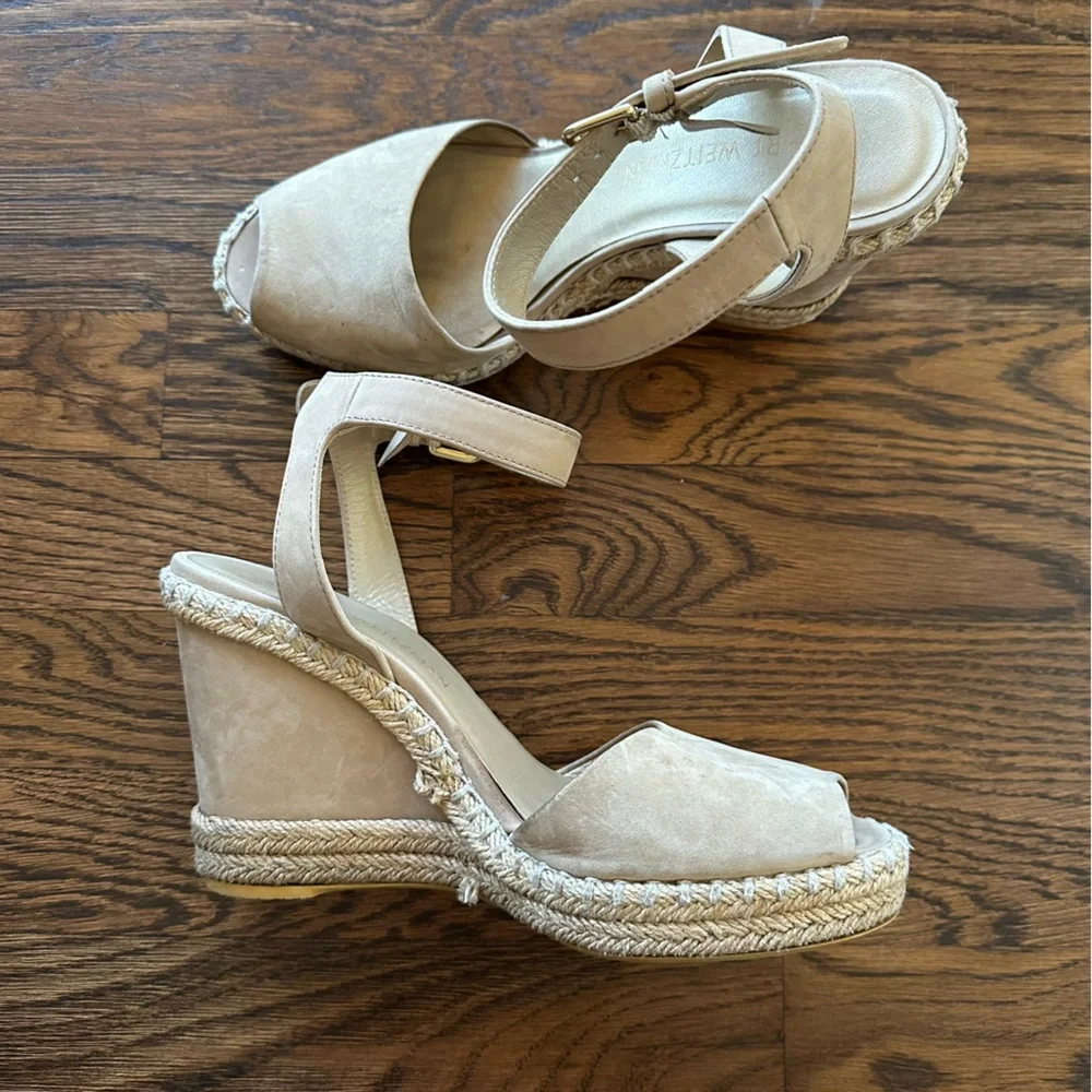 Stuart Weitzman tan suede summer espadrille ankle strap wedge sandals